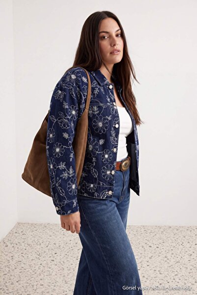 Trendyol Curve Dark Blue Floral Print Large Size Denim Jacket Tbbaw27Ag00044