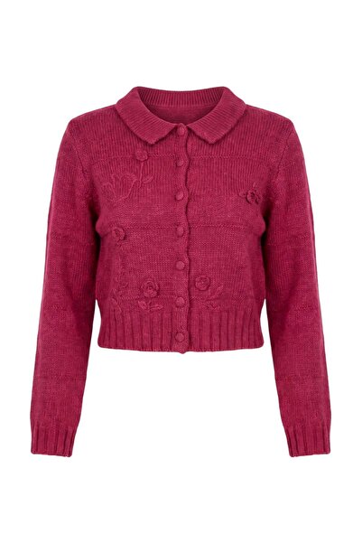 Trendyol Collection Tricotaj cu broderii cu textură moale fucsia Cardigan TWO...