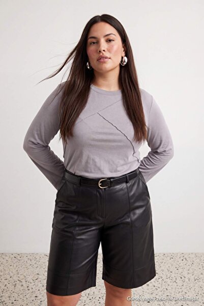 Trendyol Curve Gray Viscose/Soft Fabric Ribbed Detailed Spanish Sleeve Knitte...