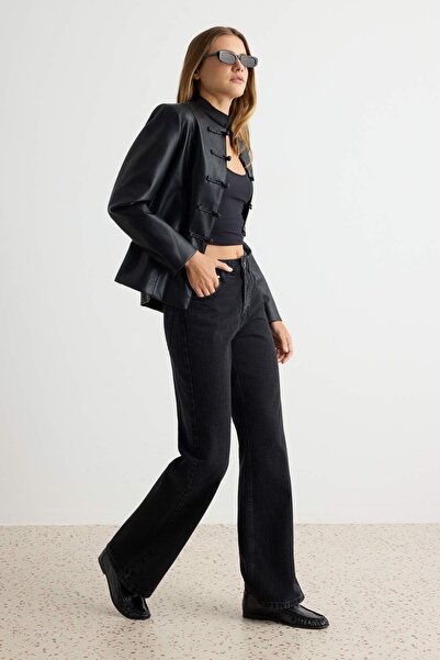 Trendyol Collection Black High-Waist Wide Leg Smoke Wide Leg 100% Cotton Non-...