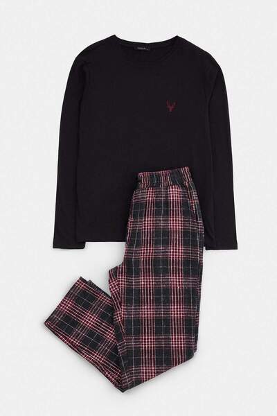 Trendyol Collection Black Regular Embroidered Plaid Top 100% Cotton Bottom Wo...