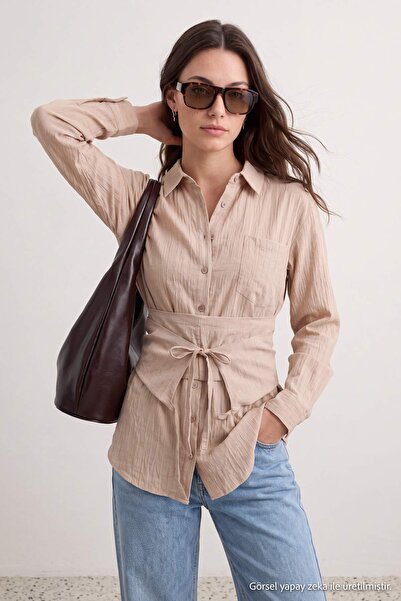 Trendyol Modest Stone Striped Lilyum Belt Detailed Woven Shirt Tctaw27Tg00009