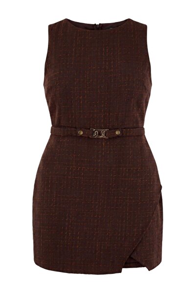Trendyol Curve Brown Woven Plus Size Dress Tbbaw27Ah00004