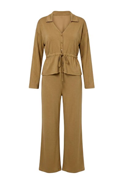 Trendyol Collection Light Khaki Plain Peplum Tie Detail Wide Leg Soft Touch K...