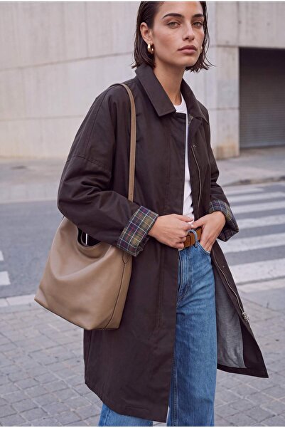 Trendyol Collection Dark Brown Coated Plaid Lined Oversized Long Trench Coat ...