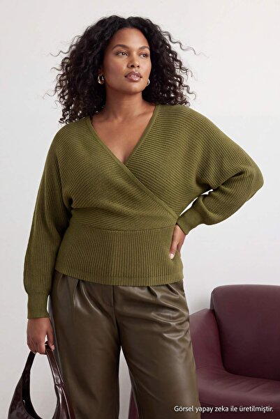 Trendyol Curve Ölgrüner, zweireihiger Strickpullover mit Schnürung am Rücken ...