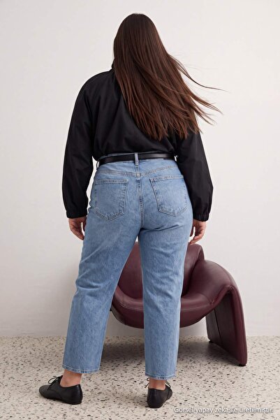 Trendyol Curve Blue High Waist Less Stretch Straight Straight Cut Jeans Tbbaw...