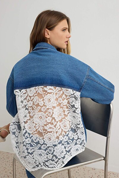 Trendyol Collection Blue Lace Detailed Oversize Denim Shirt Twoaw27Go00056