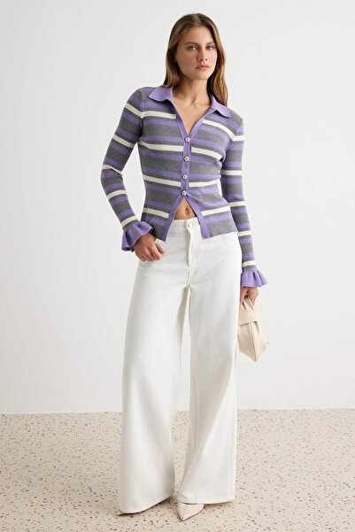 Trendyol Collection Lilac Striped Polo Collar Jeweled Button Fitted Knitwear ...