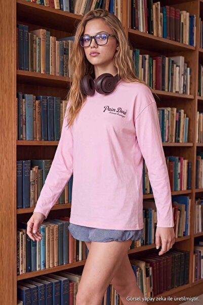 Trendyol Collection Pink 100% Cotton Slogan Printed Oversize/Wide Cut Knitted...