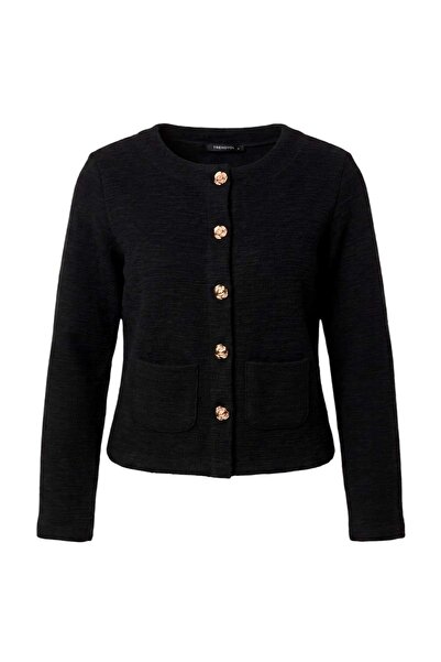 Trendyol Collection Black Plain Regular Fit Buttoned Long Sleeve Tweed Knitte...