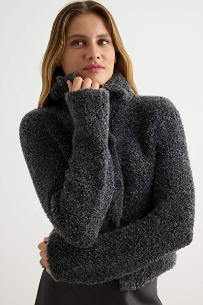 Trendyol Collection Anthracite Cropped Boucle Yarn Y Soft-Textured Knitwear C...