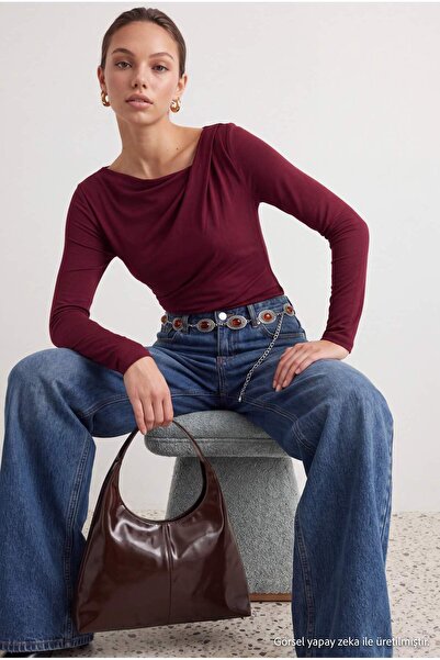 Trendyol Collection Burgundy Fitted/Slim Fit Asymmetrical Neckline Detail Sof...
