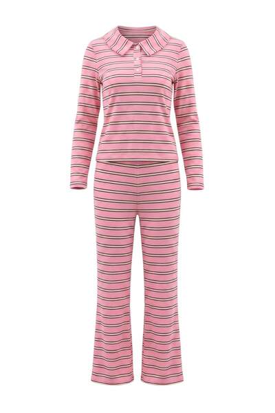 Trendyol Collection Pink Striped Polo Collar Ribbed Knitted Pajama Set Thmaw2...