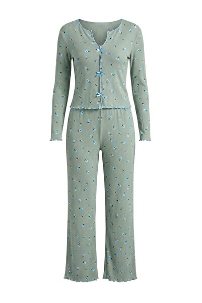 Trendyol Collection Green 100% Cotton Floral Baby Overlock Pointel Knitted Pa...