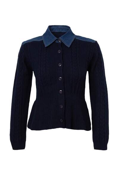 Trendyol Collection Navy Blue Denim Garnished Hair Braid Knitwear Cardigan Tw...