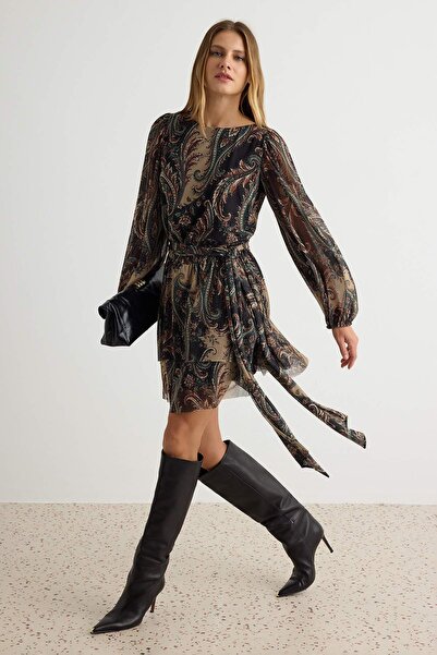 Trendyol Collection Khaki Skater/Waist Opening Boat Neck Floral Print Short /...