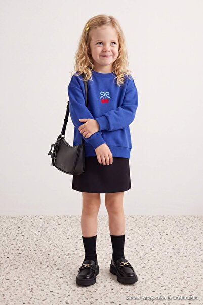 TRENDYOLKIDS Cobalt Blue Girls' Cotton Thick Embroidered Knitted Sweatshirt W...