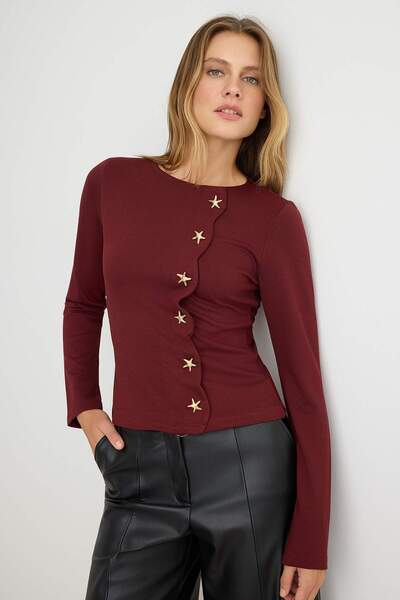 Trendyol Collection Bluză tricotată interlock, cu nasturi, cu decolteu rotund...