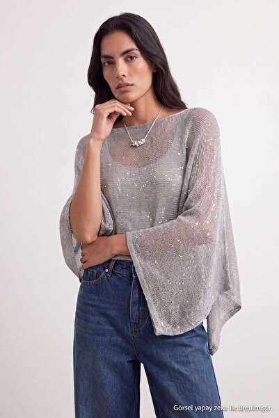 Trendyol Collection Gray Boat Neck Glitter Detailed Cape Knitwear Sweater Two...