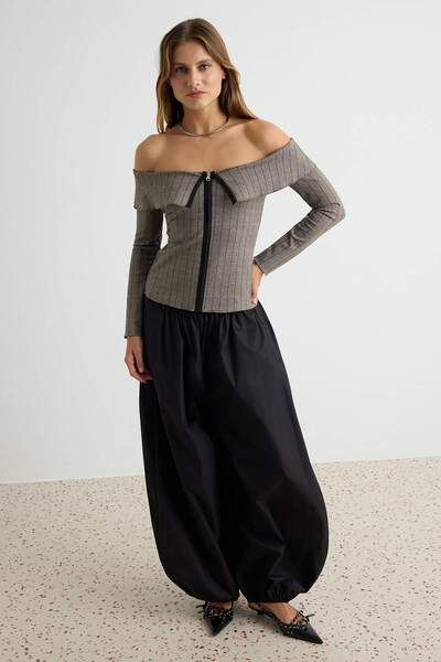 Trendyol Collection Anthracite Striped Fitted Zippered Carmen Collar Interloc...