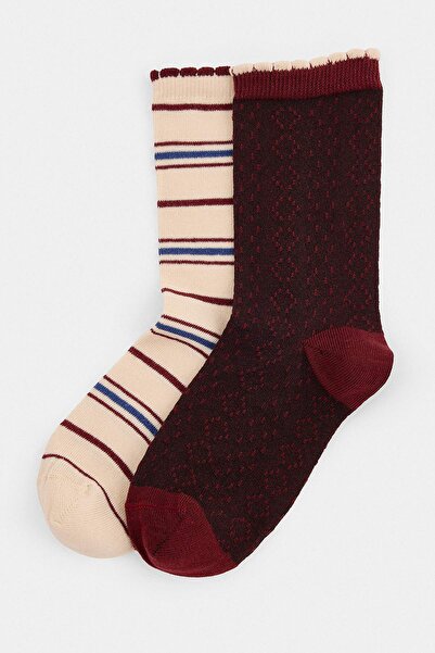 Trendyol Collection Ecru-Burgundy 2-Piece Striped Jacquard Knitted Socks Thma...