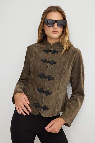 Trendyol Collection Khaki Ornamental Button Closure Velvet Fitted Jacket Twoa...