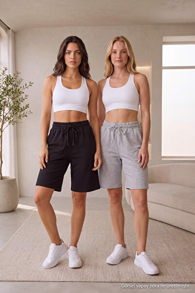 Trendyol Collection Black-Grey 2-Pack Pocketed Cotton Elastic Waist Long Shor...