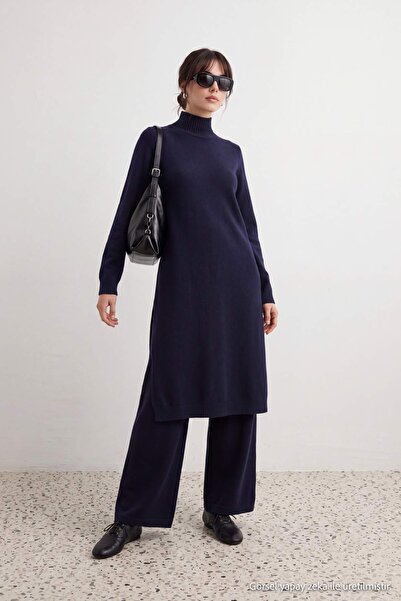Trendyol Modest Navy Blue High Neck Regular Plain Knitwear Slit Hijab Bottom ...