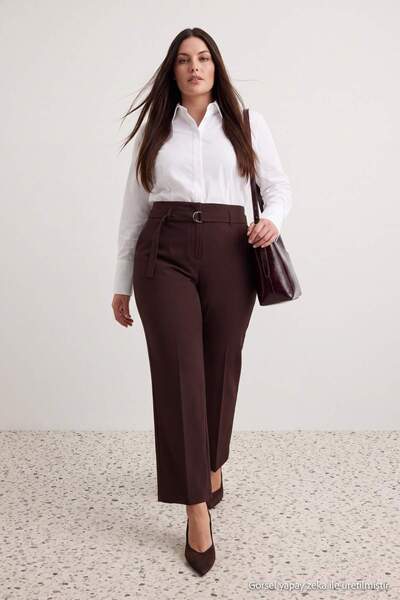 Trendyol Curve Brown High Waist Wide Leg Plus Size Pants Tbbaw27Ar00024