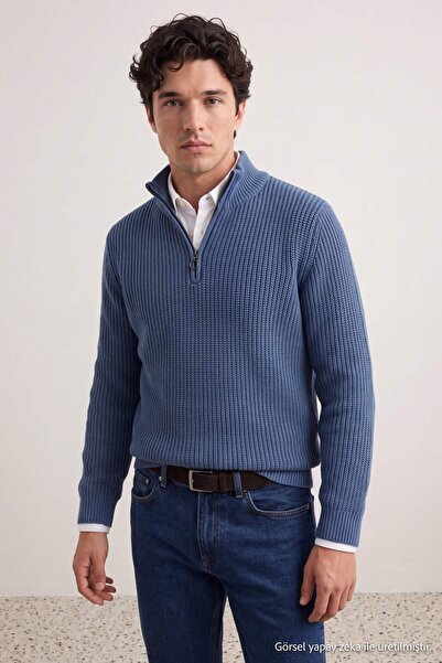 Trendyol Kollektion Blauer, lässiger, normaler Strickpullover mit halbem Roll...