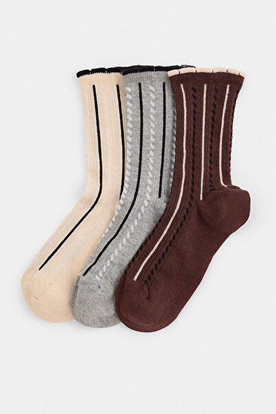 Trendyol Collection Brown-Grey 3-Pair Embroidered Jacquard Knitted Socks Thma...