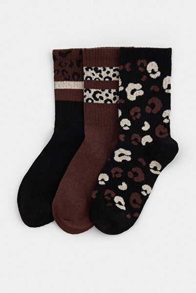 Trendyol Collection Black-Multicolor 3-Piece Animal Jacquard Knitted Socks Th...