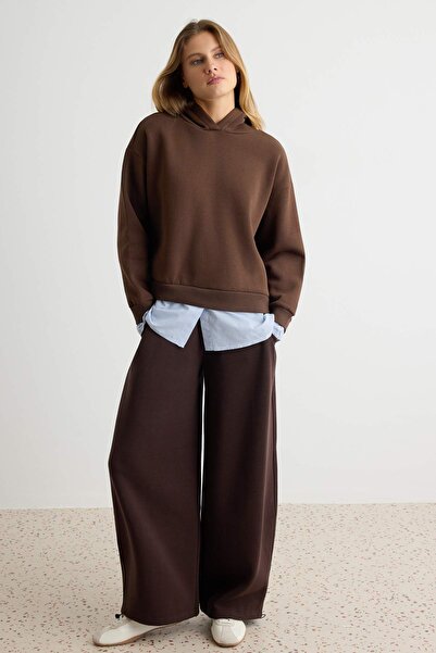 Trendyol Collection Brown Fleece Inside Hooded Knitted Sweatshirt with Woven ...