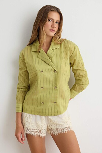 Trendyol Collection قميص كاكي مخطط شفاف خفيف الوزن TWOAW27GO00068