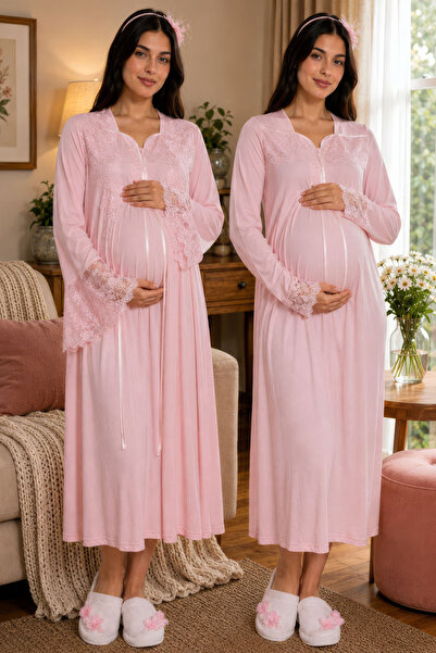 ByLohusa Comfortable Cut Cotton Dressing Gown Maternity Nightgown Set Effortt...