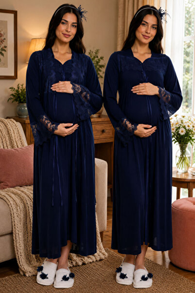ByLohusa Comfortable Cut Cotton Dressing Gown Maternity Nightgown Set Effortt...