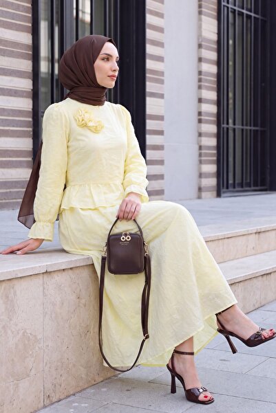 Modamorfo Rose Brooch, Elastic Sleeves, Patterned Lined Skirt, Voile Suit - Y...