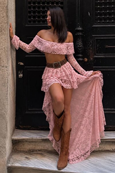 Tayt Factory Uzun Kollu Düşük Omuz Straplez Model Dantel Crop Etek Takım