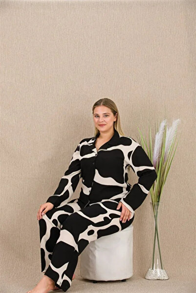 SS HOME CONCEPT Plus size black and white patterned button-down long sleeve v...