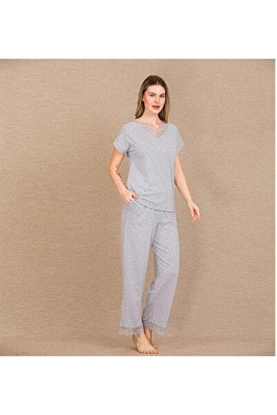 SS HOME CONCEPT Viscose Stylish Design Lace Embroidered Gray Short Sleeve Paj...