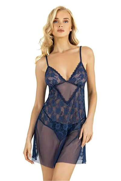 SS HOME CONCEPT Lace Embroidered Navy Blue Short Tulle Nightgown