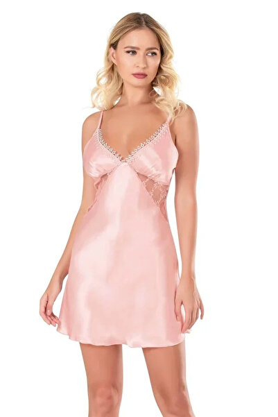 SS HOME CONCEPT Lace Embroidered Thin Strap Salmon Short Satin Nightgown
