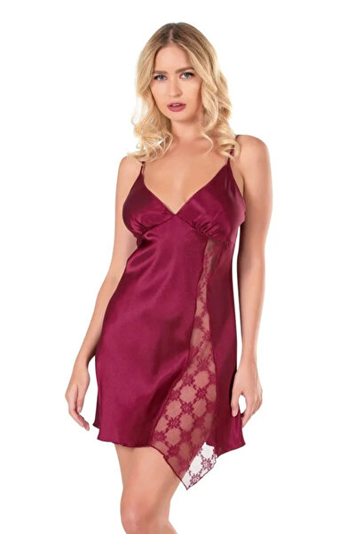 SS HOME CONCEPT Lace Embroidered Thin Strap Burgundy Short Satin Nightgown
