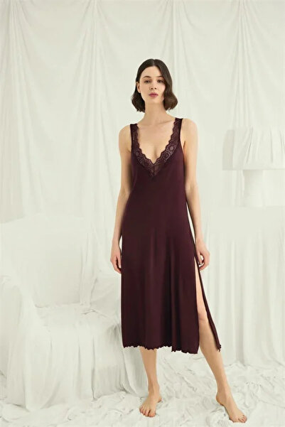 SS HOME CONCEPT Viscose Nightgown with Open Chest and Back, Lace and Slits
