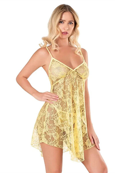 SS HOME CONCEPT Yellow Lace Embroidered Short Tulle Nightgown