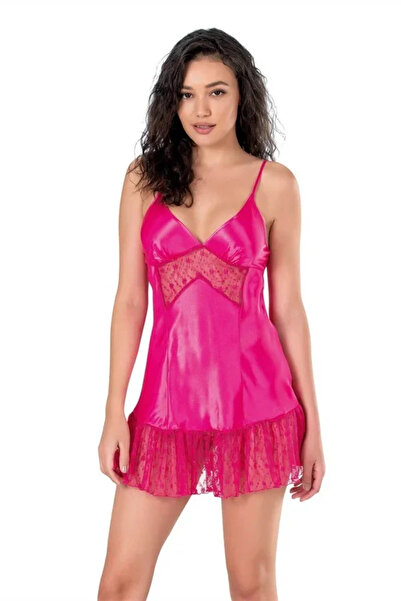 SS HOME CONCEPT Lace Embroidered Thin Strap Fuchsia Short Satin Nightgown
