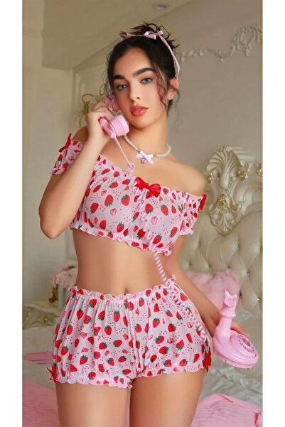 SS HOME CONCEPT Pink Strawberry Patterned Shorts Bra Set