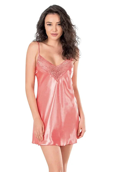 SS HOME CONCEPT Lace Embroidered Coral Short Satin Nightgown