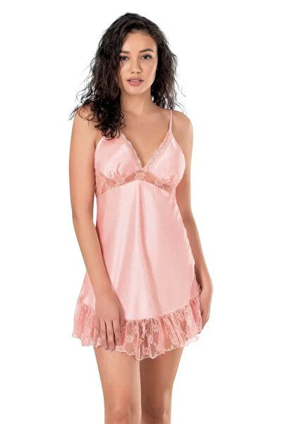 SS HOME CONCEPT Lace Embroidered Thin Strap Salmon Short Satin Nightgown